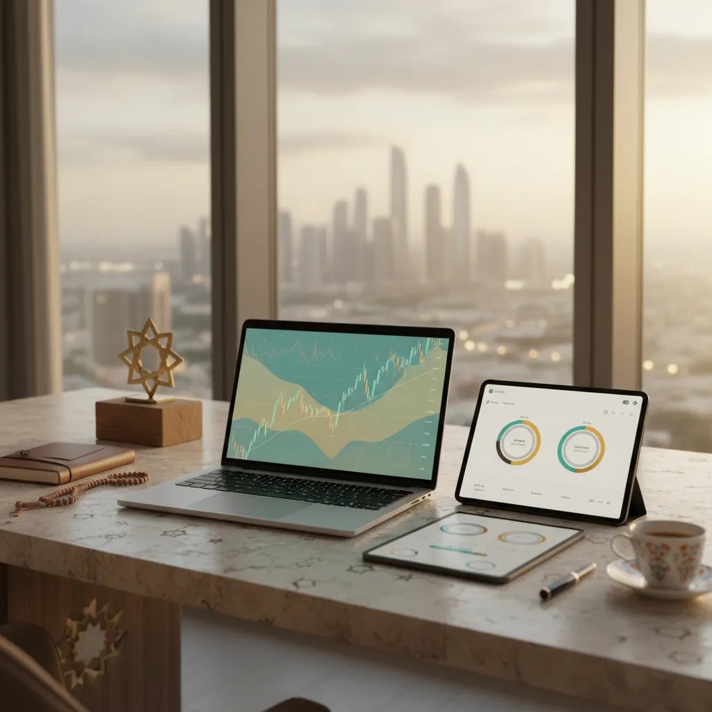 Halal trading in the UAE shown through a professional Shariah-compliant investing workspace