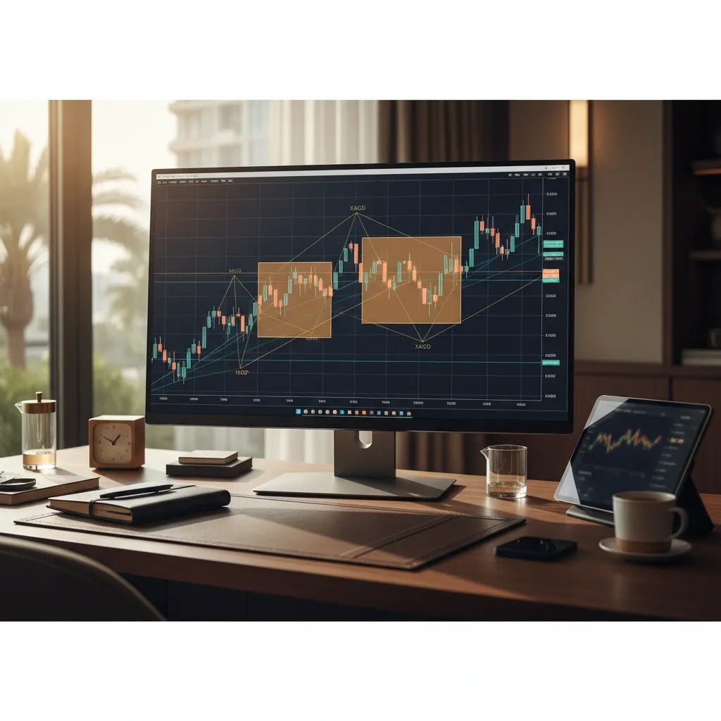 Harmonic patterns trading chart with Fibonacci levels and potential reversal zone on a professional desk