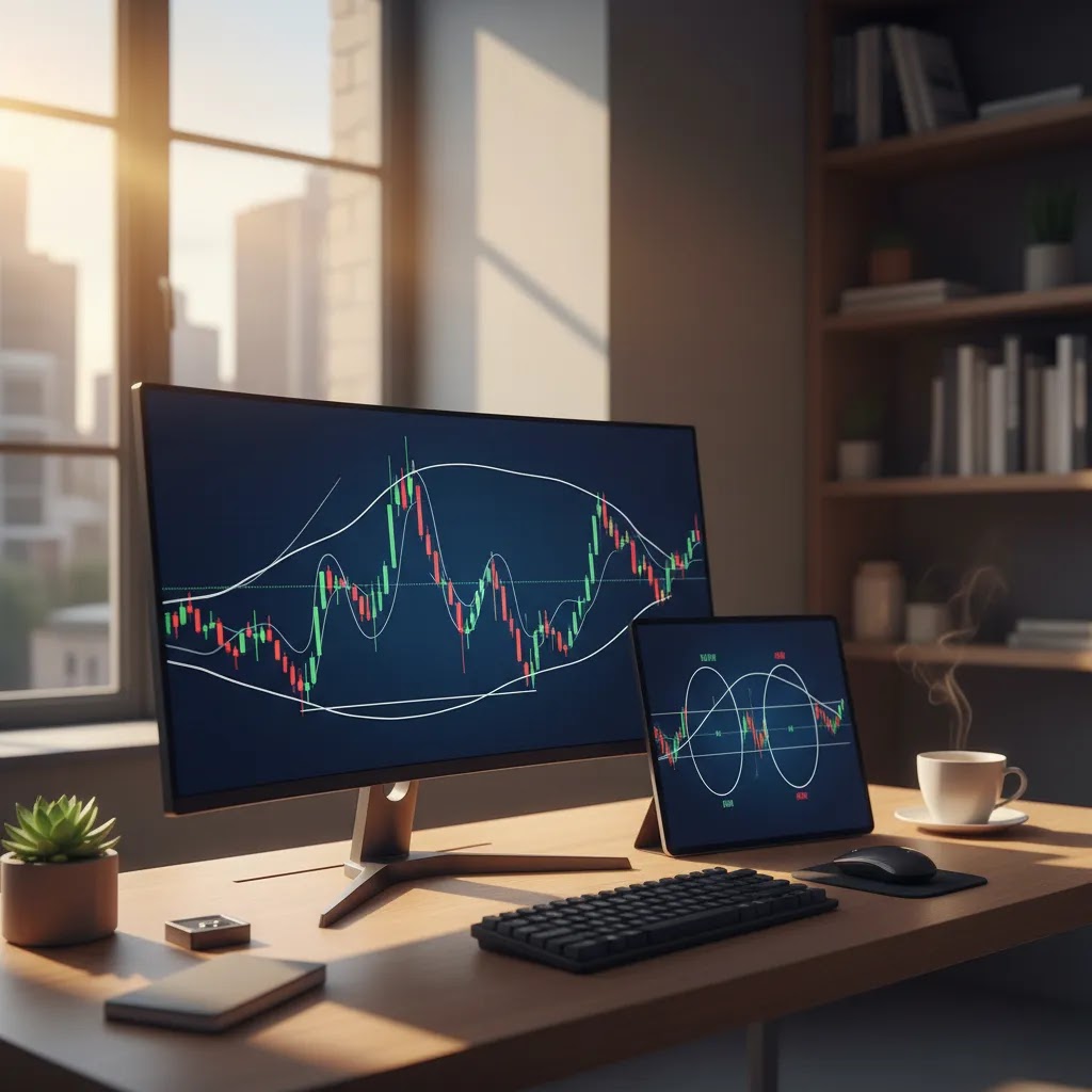Head and shoulders pattern trading charts on a professional desk setup with double top and double bottom pattern visuals