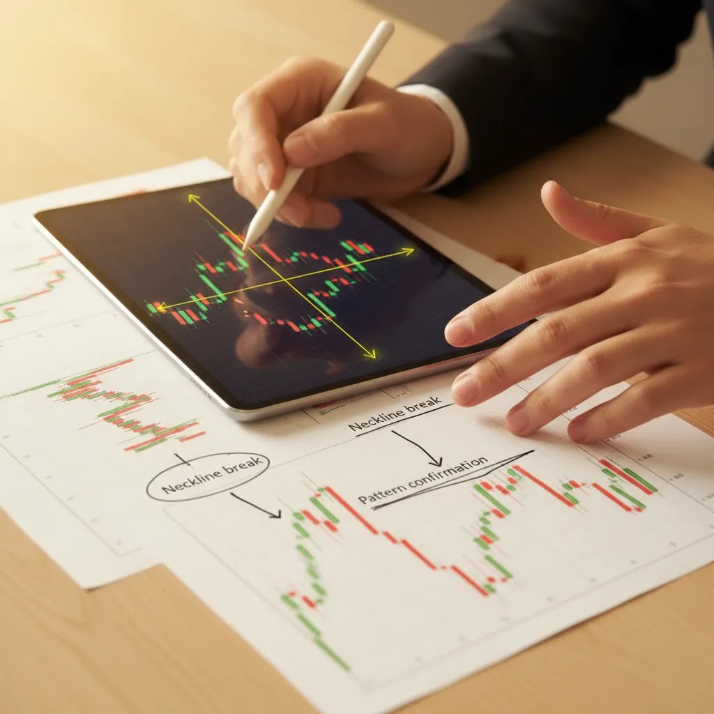 Head and shoulders pattern target and neckline break analysis on tablet and trading charts