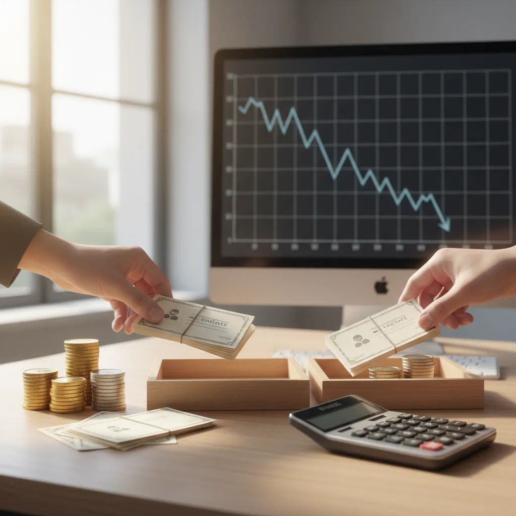 How short selling works with financial documents, calculator, and falling market chart in a professional office setup