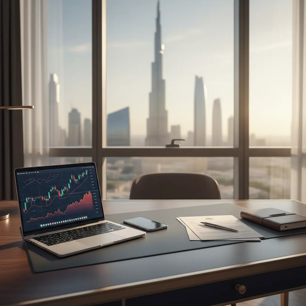 How to buy shares in UAE guide with investor workspace, stock trading setup, and Dubai Abu Dhabi financial market context