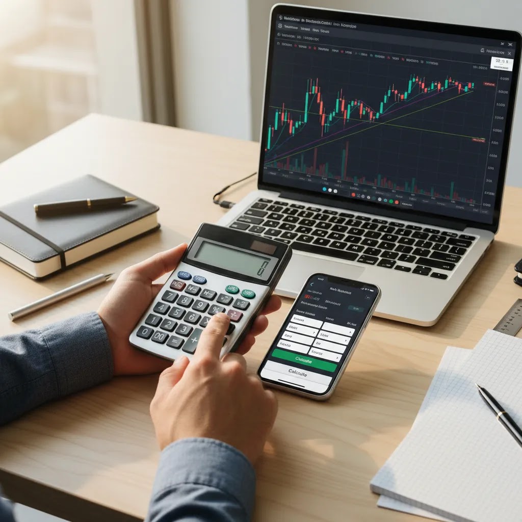 How to calculate risk reward ratio with calculator and trading chart on a professional desk