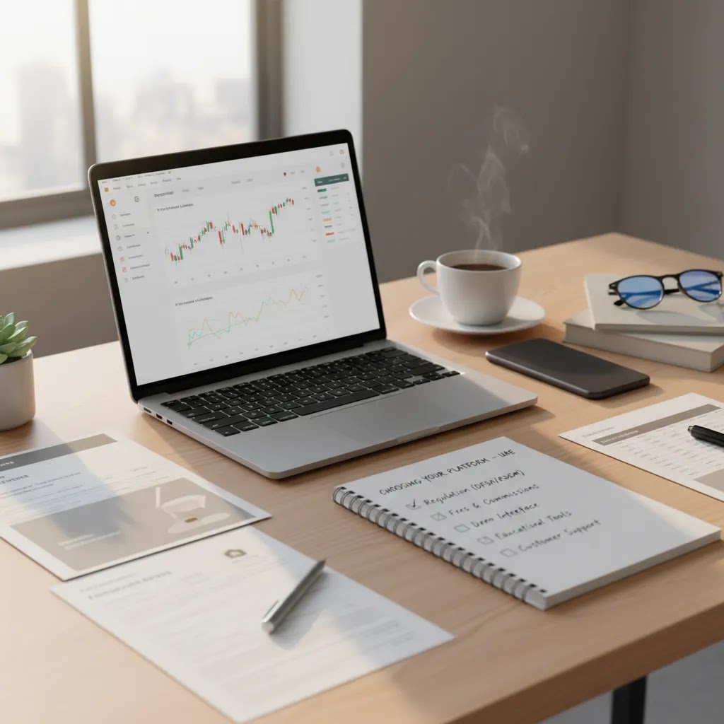 How to choose a trading platform for beginners with laptop, mobile app, and checklist on a professional desk
