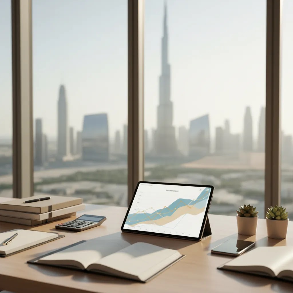 How to invest in UAE beginner guide with financial planning desk and Dubai skyline