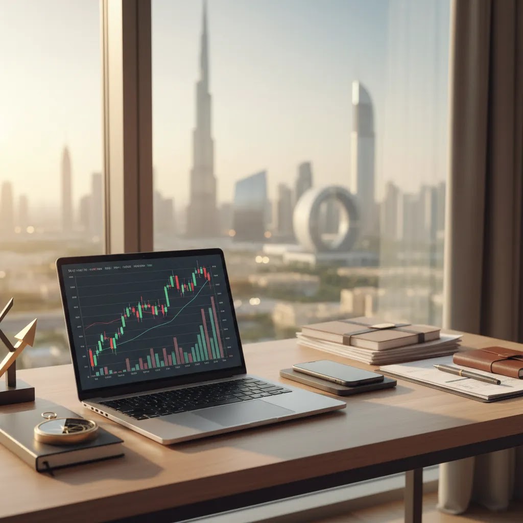 How to invest in UAE stock market guide with professional investor workspace and market charts in Dubai and Abu Dhabi setting