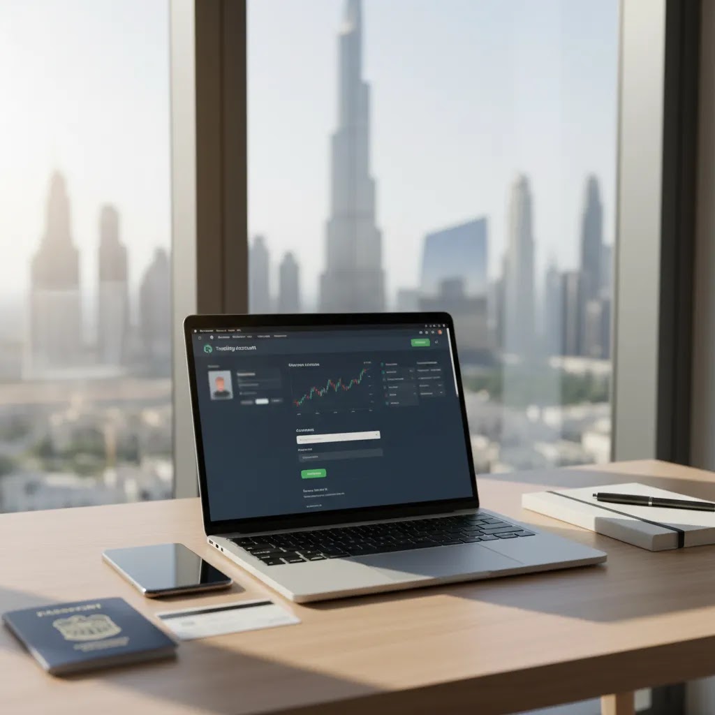 How to open trading account UAE guide with laptop, ID documents, and funding tools in a professional desk setup