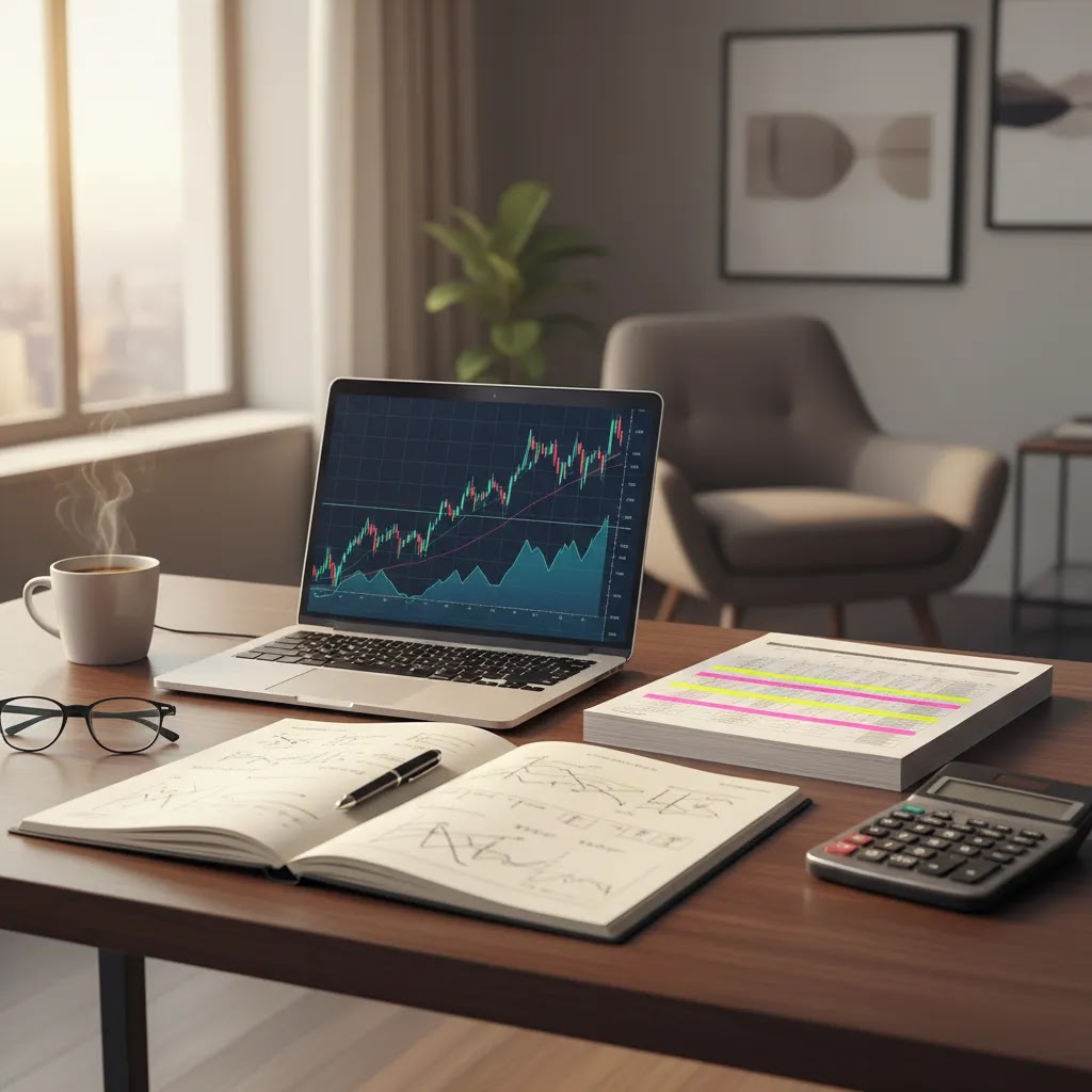 How to read an earnings report with quarterly financial statements, charts, and investor research desk setup