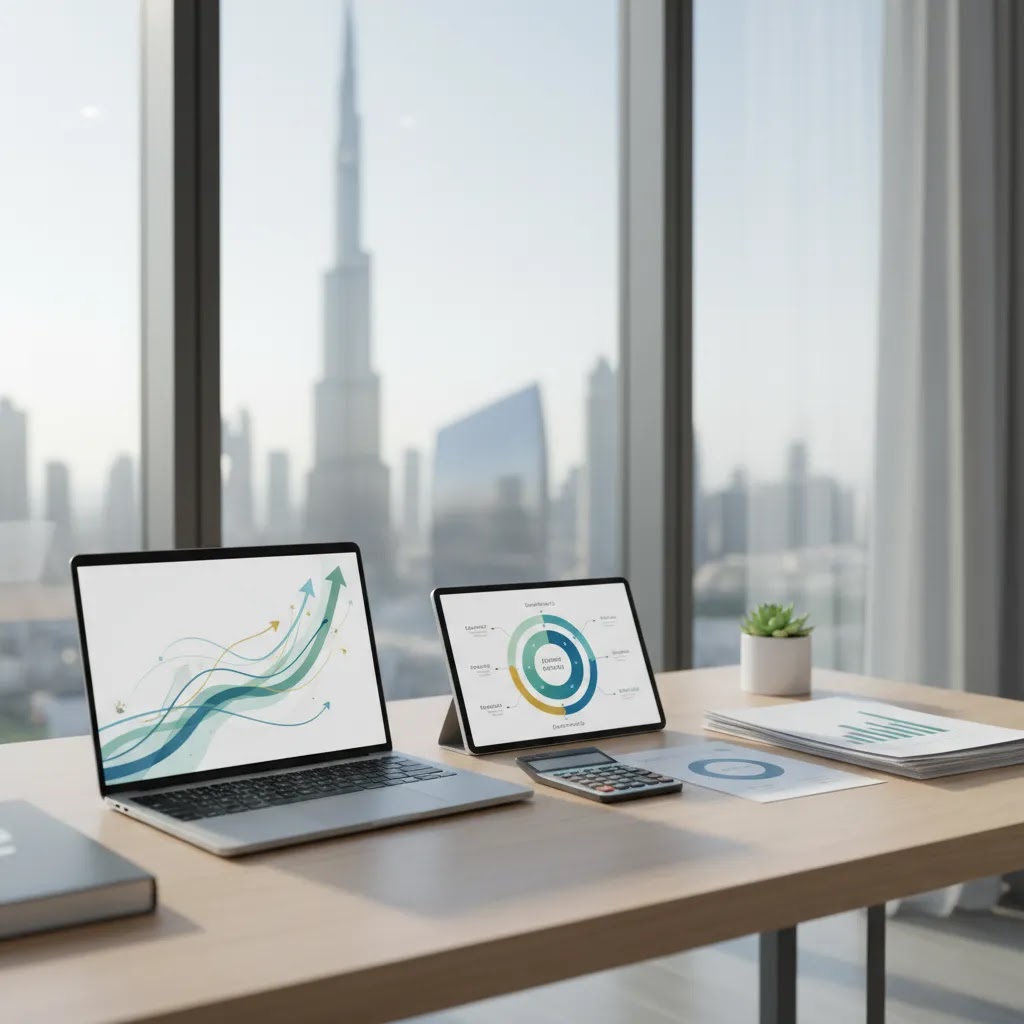 Index funds guide for UAE investors with diversified portfolio research setup in a modern office