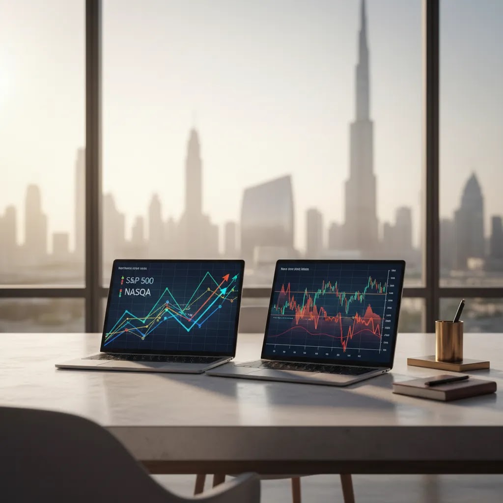 Index trading guide visual with market charts and modern UAE trading workspace