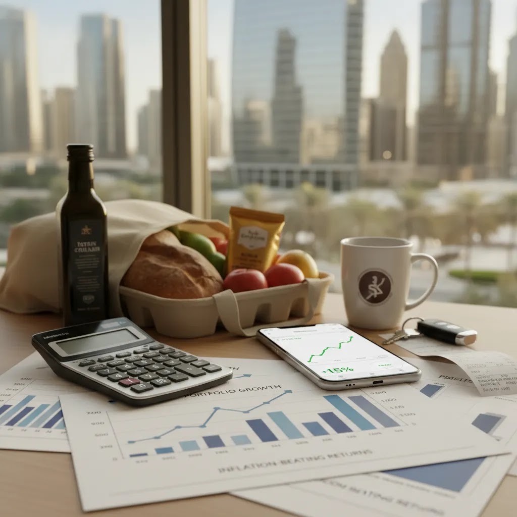 Inflation investing concept in the UAE with portfolio tools and rising cost of living visuals