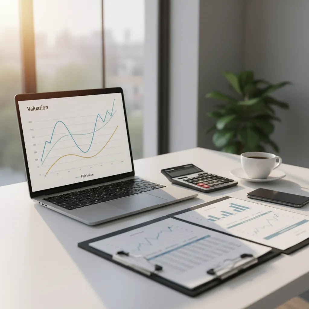 Intrinsic value guide showing stock fair value analysis workspace with valuation charts and financial tools