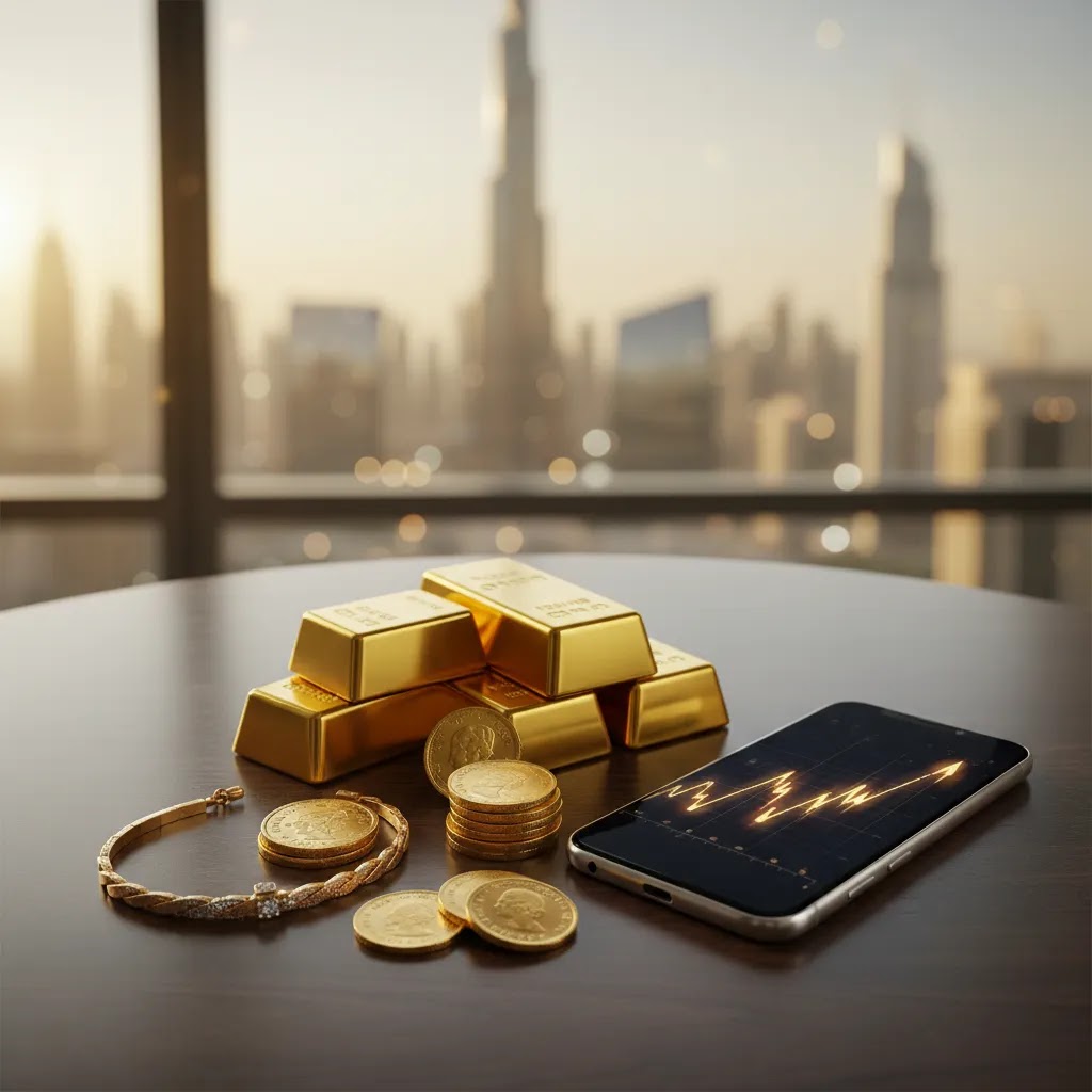 Invest in gold UAE comparison showing gold bars, coins, jewelry and digital gold trading options