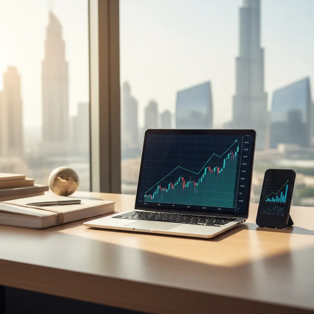 Invest in US stocks from UAE with a professional trading desk and international market research setup