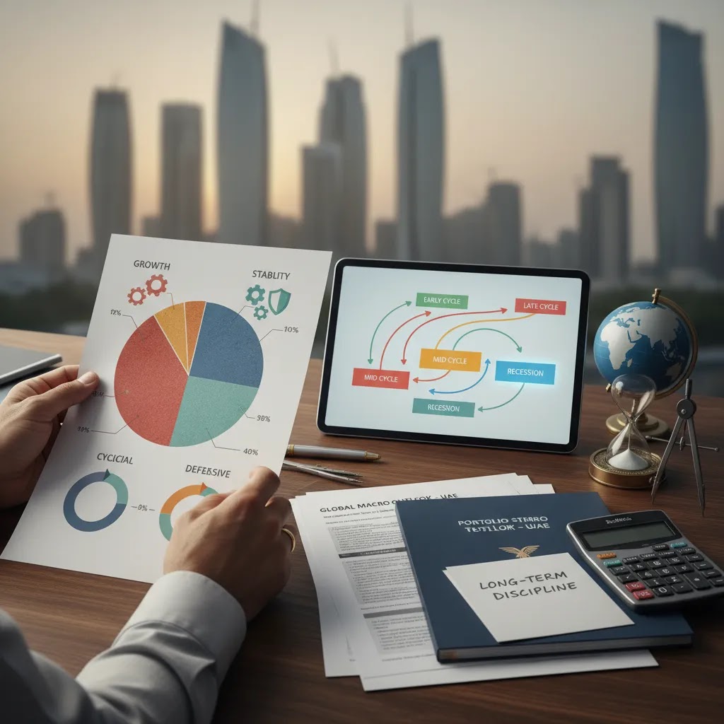 Invest through a market cycle scene showing sector rotation recession investing and portfolio risk management