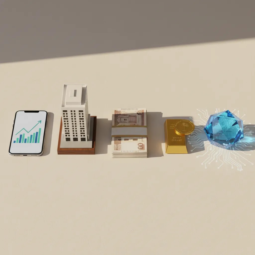 Investment options in UAE comparison image featuring stocks ETFs property savings gold and crypto