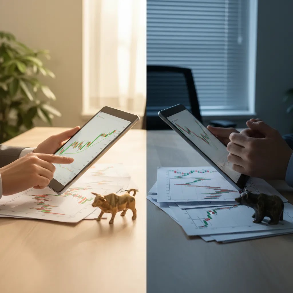 Investor sentiment and market psychology analysis with charts showing changing market sentiment