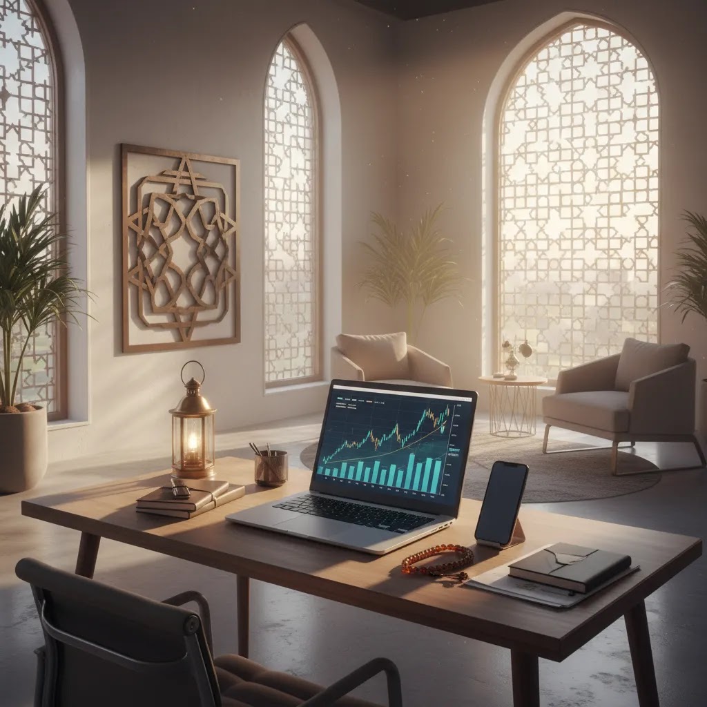 Is forex halal concept image showing a professional UAE trading desk with forex charts and Islamic finance context