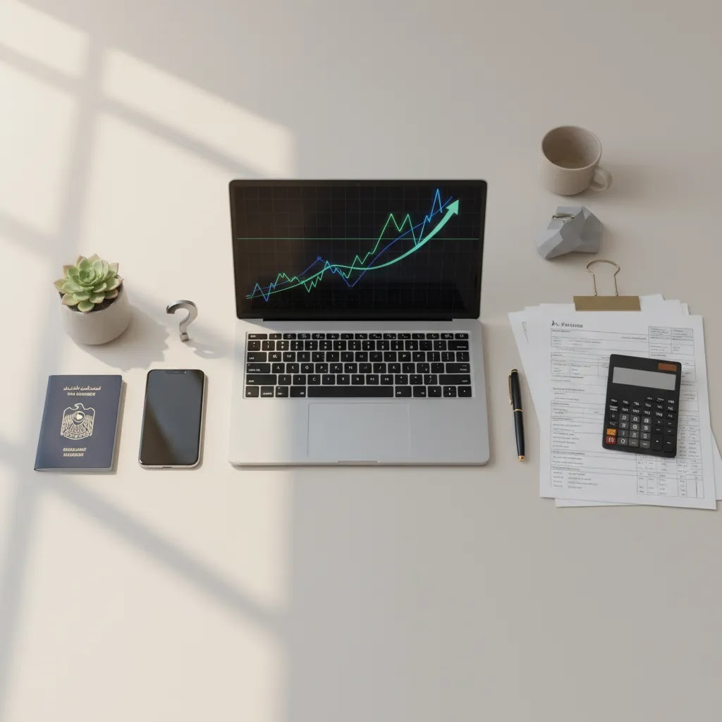 Is trading tax free in UAE concept image with investor desk, market charts, and tax review documents