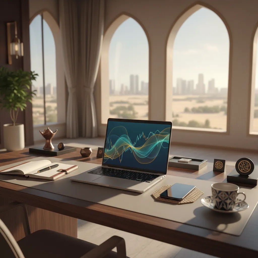Islamic trading account guide hero image showing a professional UAE trading desk with market analysis tools