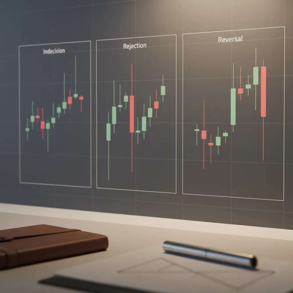 Japanese candlestick patterns visual showing doji hammer engulfing and star formations on a market chart