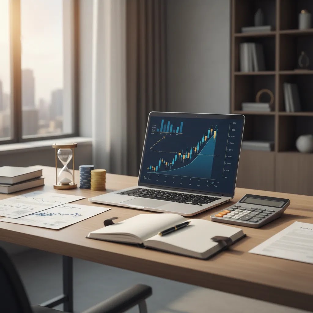 Leverage trading concept with trading desk, charts, calculator, and margin risk tools for beginners