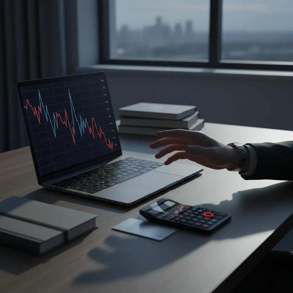 Leverage trading risks concept with falling charts and margin call warning atmosphere