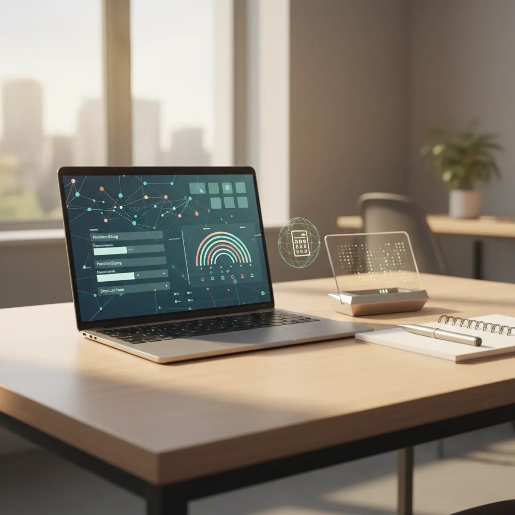 Lot size calculator setup for forex trading with risk management tools on a clean desk