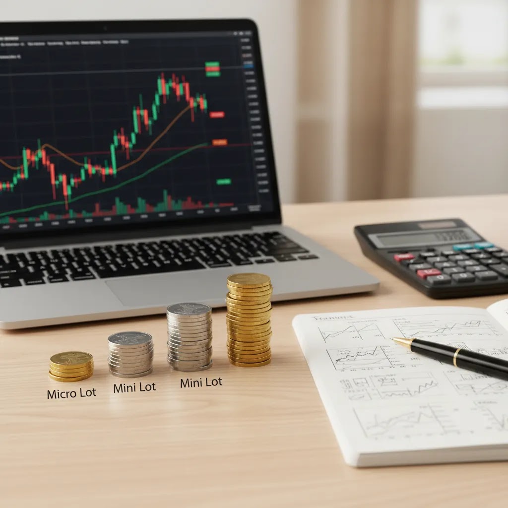 Lot size forex visual showing micro lot, mini lot, and standard lot concepts with trading tools