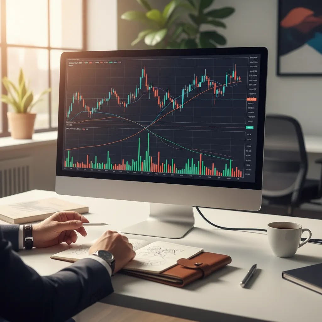 MACD crossover and histogram signals on a trading chart for macd trading strategy