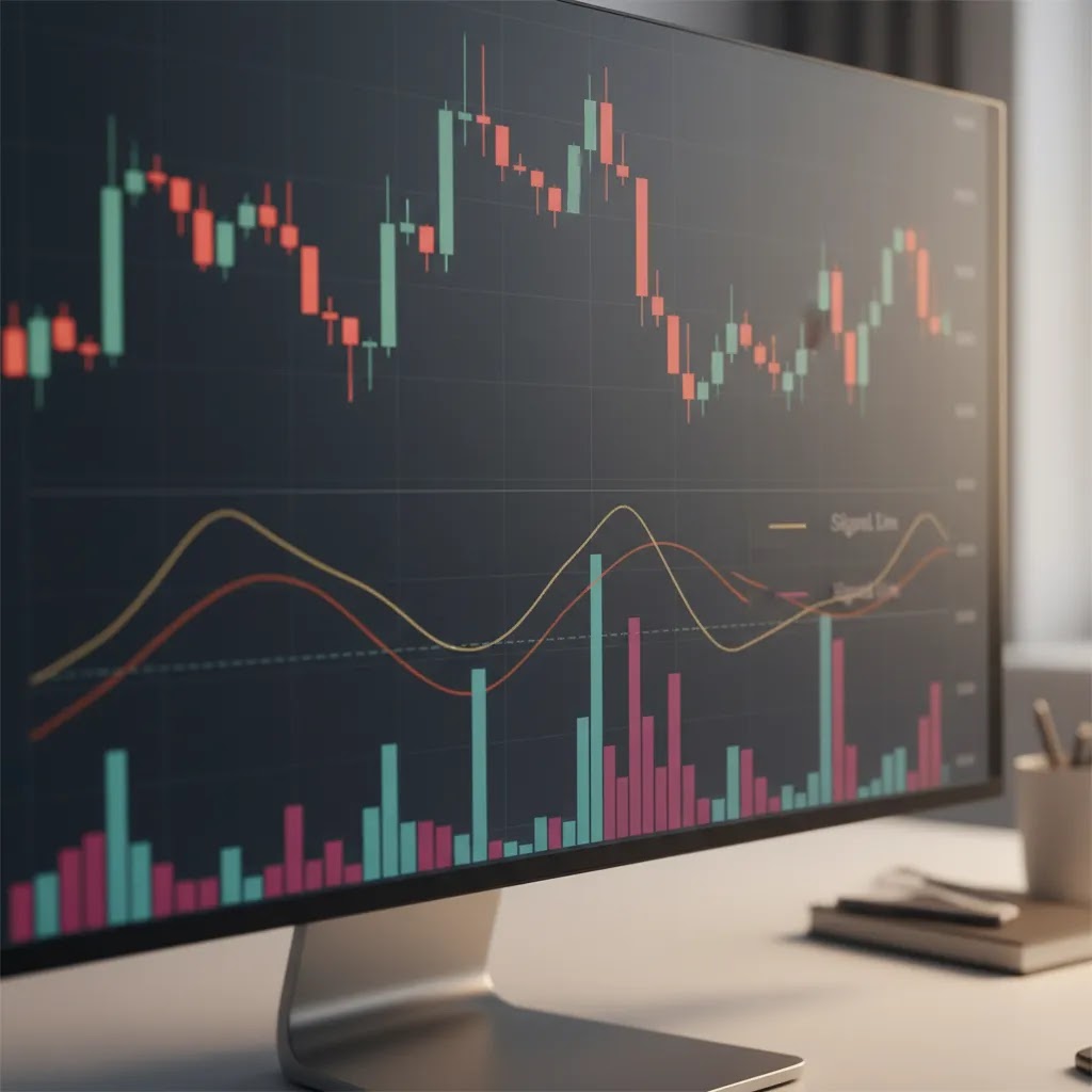 MACD indicator chart with histogram and signal line illustrating core components
