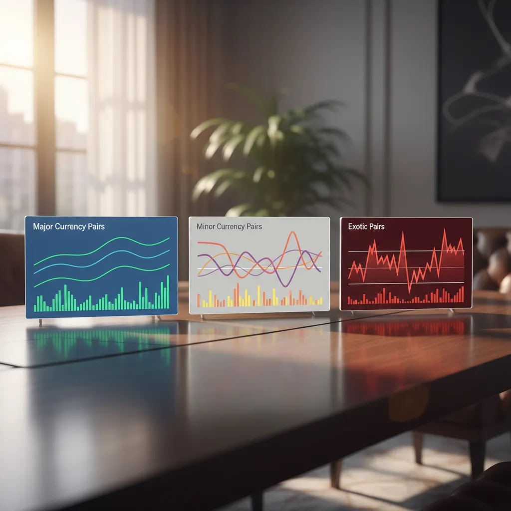 Comparison of major currency pairs, minor currency pairs, and exotic currency pairs using trading charts and market activity visuals