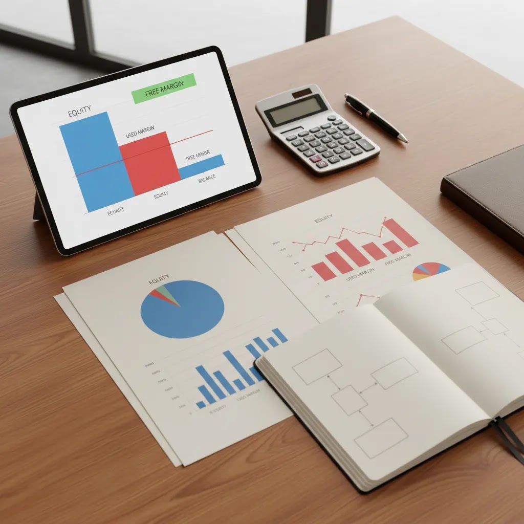 Margin call meaning illustration with trading tools representing equity, used margin, and free margin