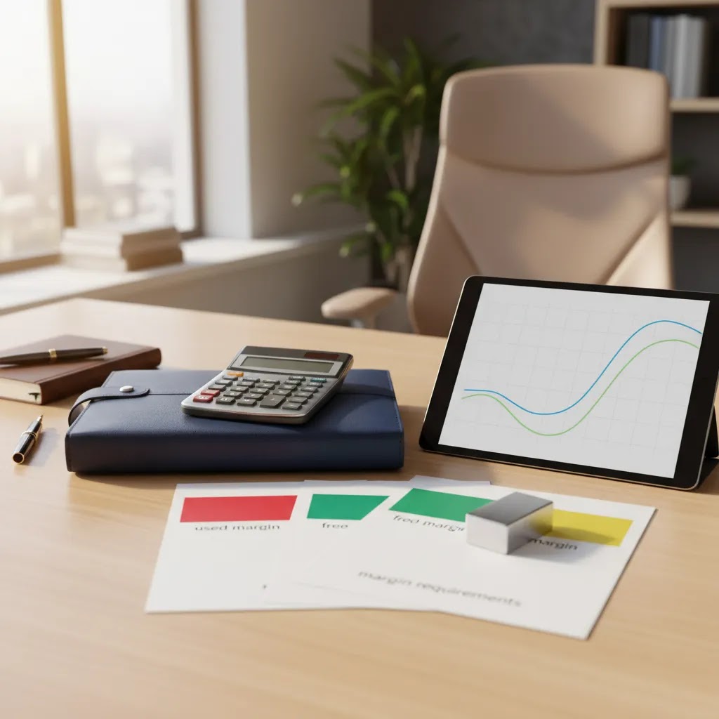 Margin trading explained with calculator, tablet, and financial documents showing margin requirements