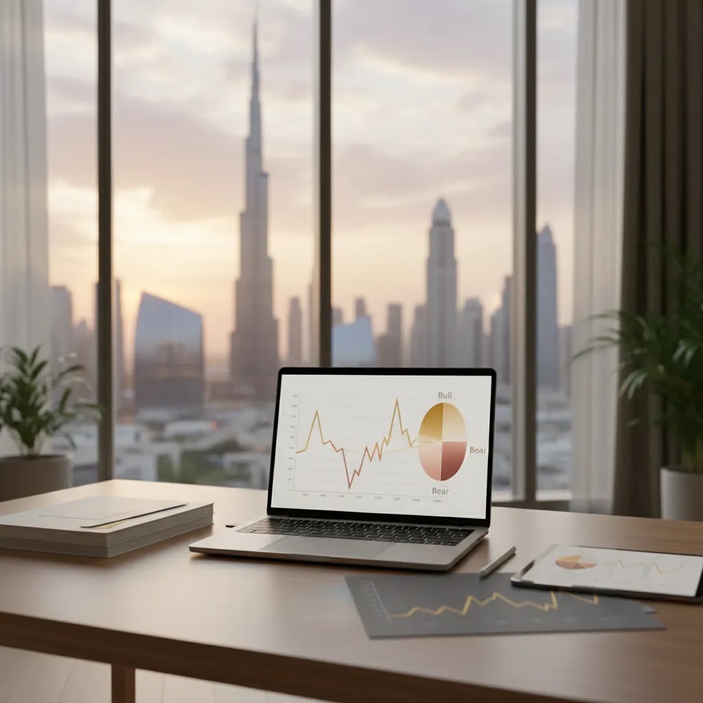 Market cycle investing guide hero image showing boom and bust phases in a professional UAE finance setting