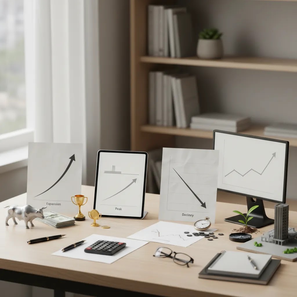 Market cycle stages illustration showing expansion peak decline and recovery for investor education