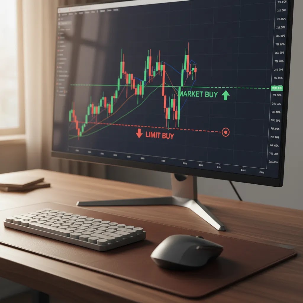 Order types trading illustration comparing market order vs limit order on a professional trading screen