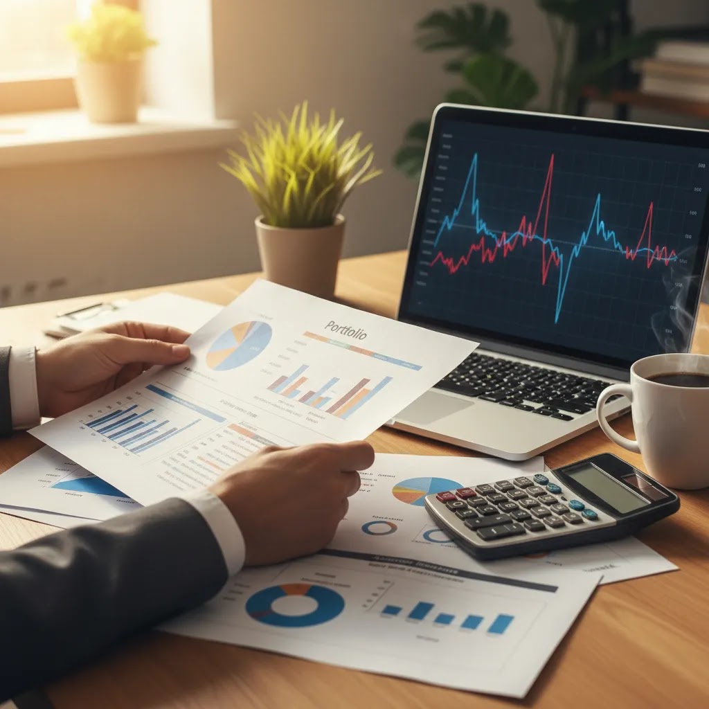 Stock market crash warning signs with investor reviewing portfolio protection strategy during market panic