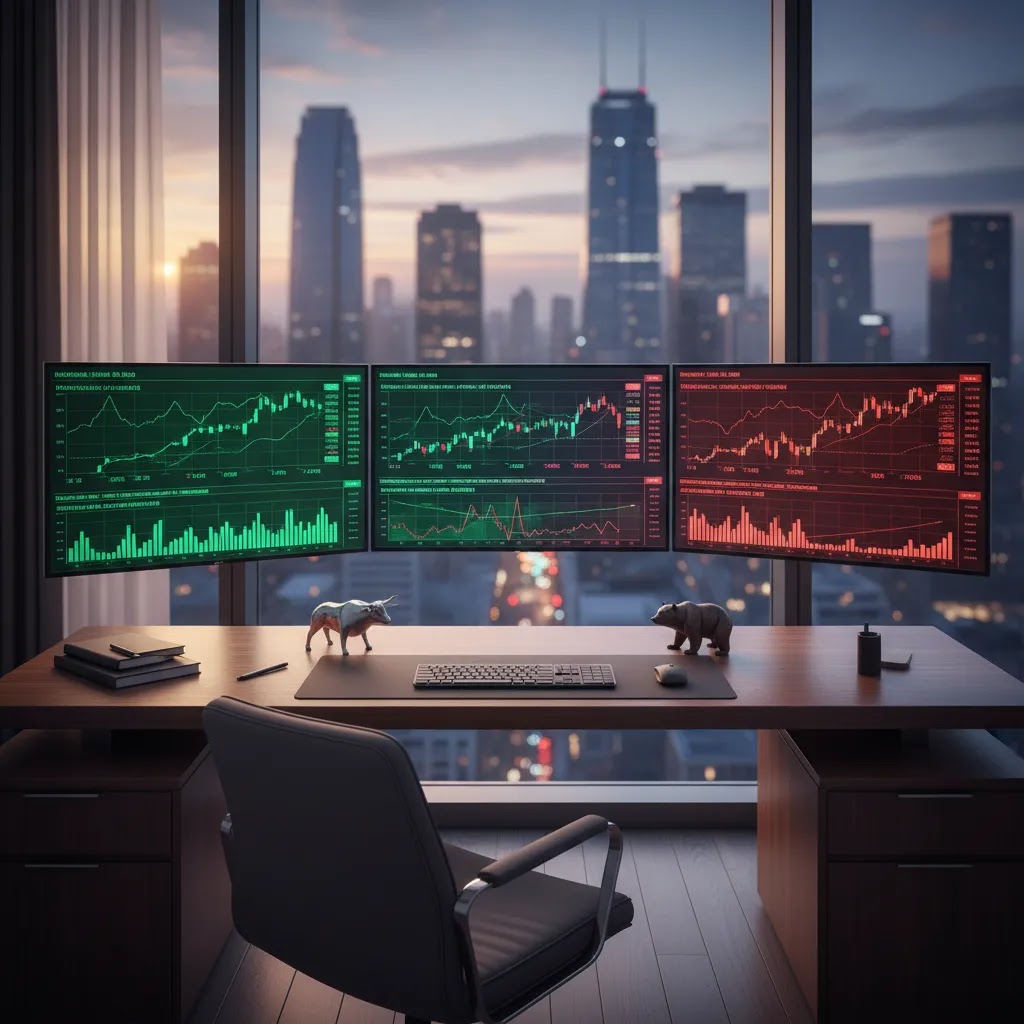 Market sentiment visual showing fear and greed influencing trading decisions in a modern financial workspace
