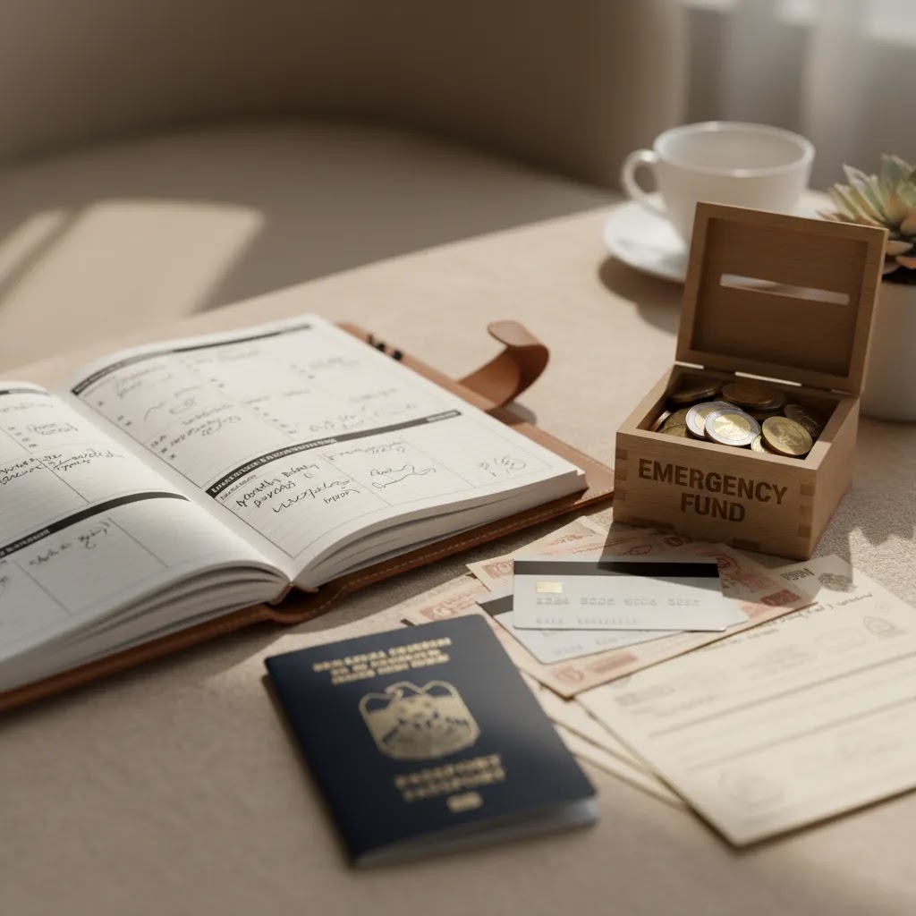 monthly saving plan in uae and emergency fund uae setup with budgeting tools and account documents