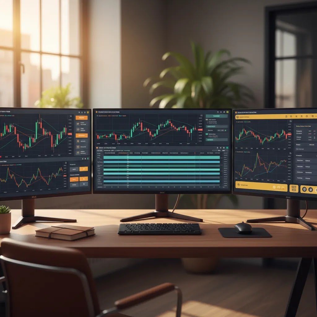 MT4 vs MT5 comparison with cTrader shown on multiple trading screens in a professional office setup
