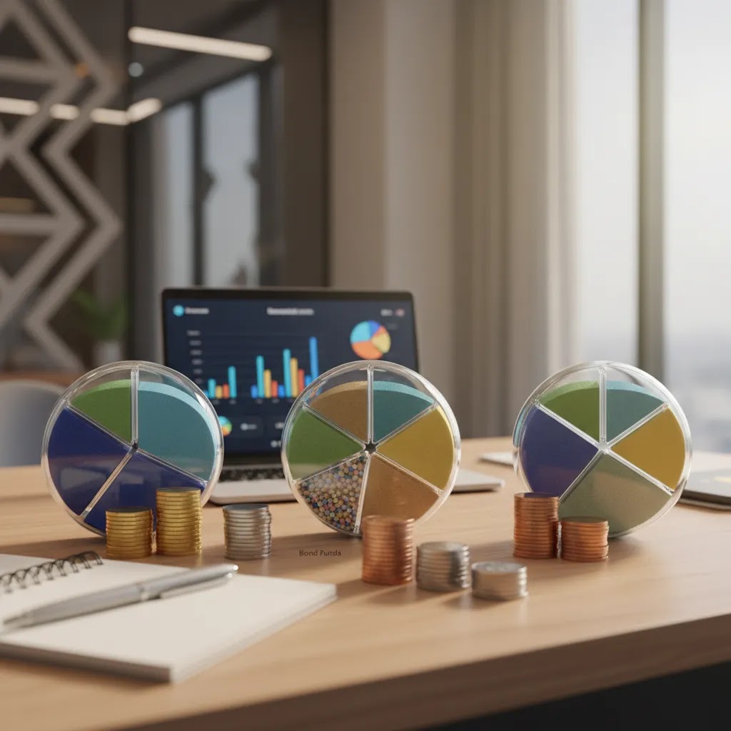 Mutual fund types and mutual fund fees in UAE shown through charts, coins, and portfolio planning tools
