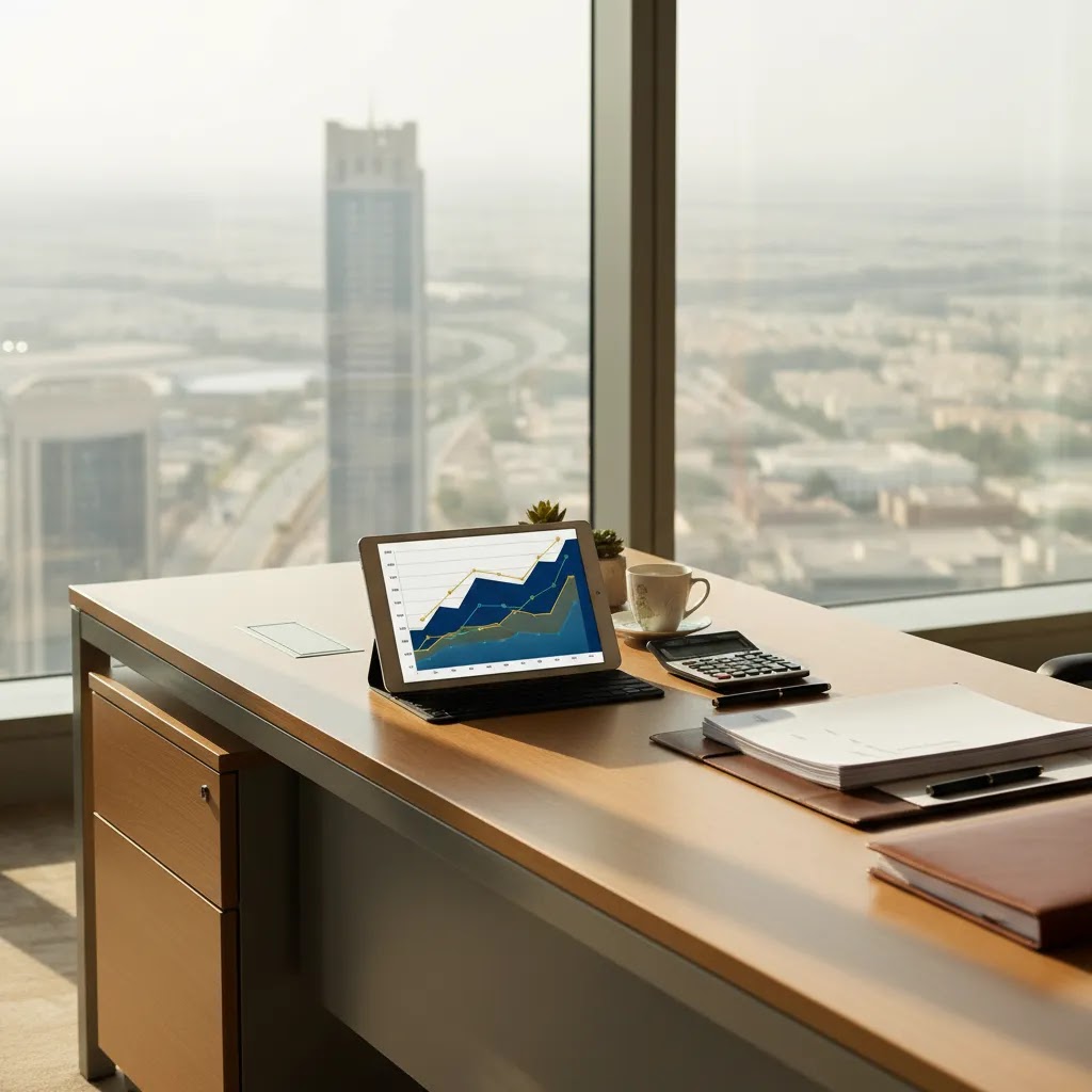 Mutual funds UAE guide concept with investment documents, calculator, and modern financial planning workspace