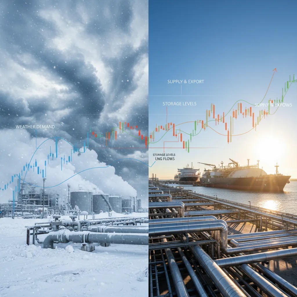 Natural gas market price drivers image showing weather, storage, and supply factors affecting natural gas trading