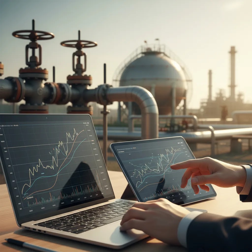 Natural gas price and contracts visual showing market charts and energy infrastructure for natural gas trading