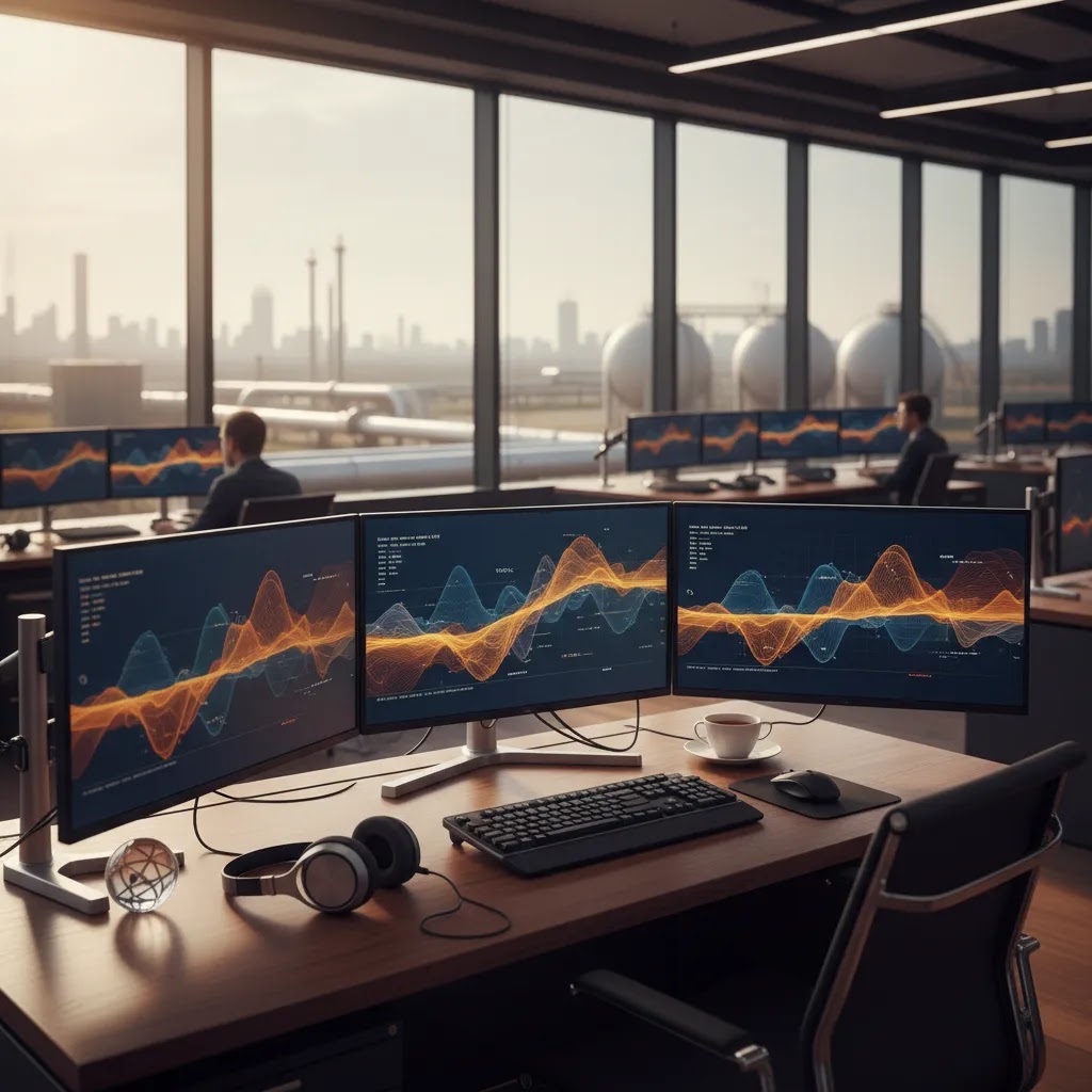 Natural gas trading hero image showing energy market analysis screens and gas infrastructure