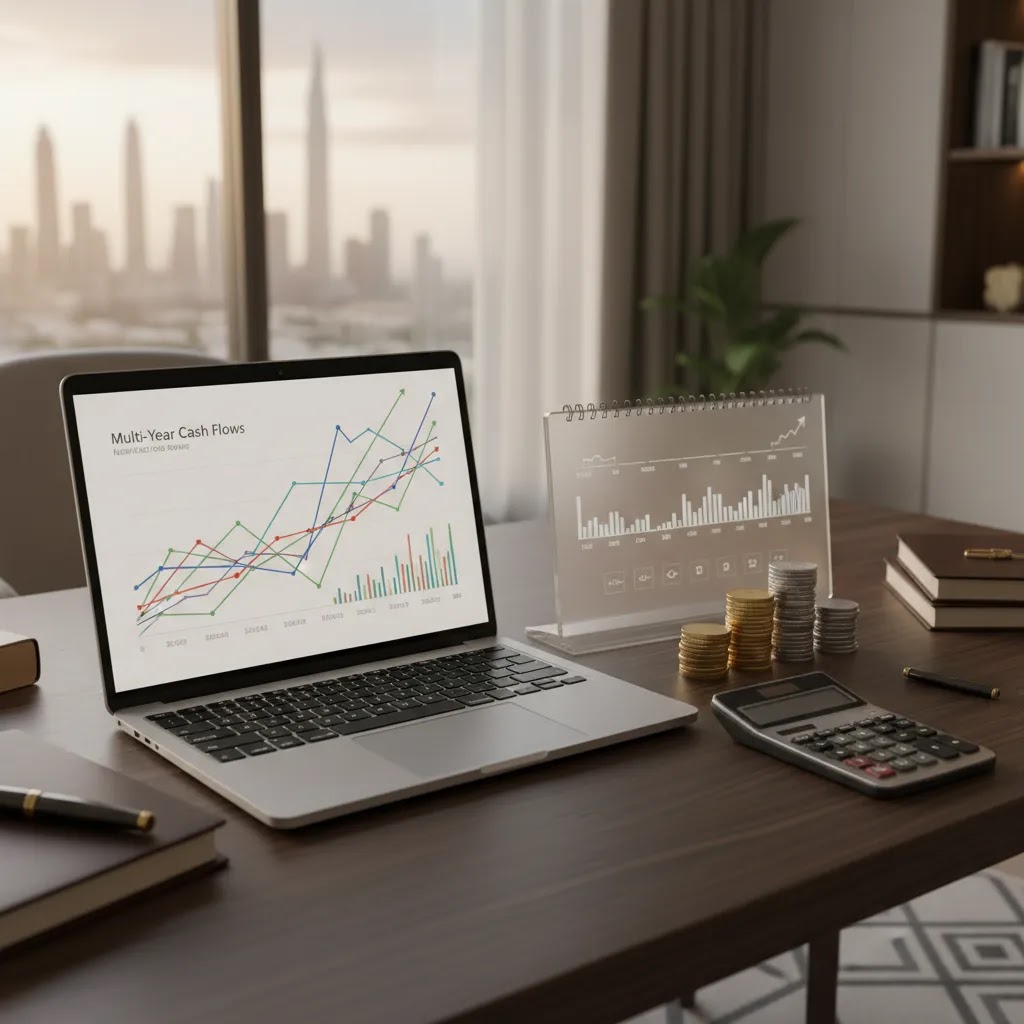Net present value and time value of money analysis with multi-year cash flow and discount rate visuals