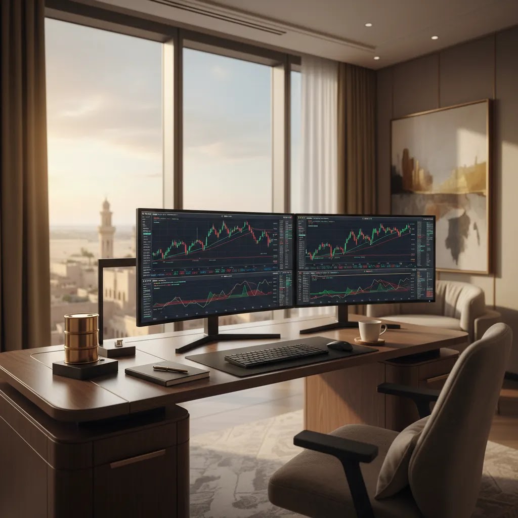 Oil trading hero image showing crude oil market charts and a professional trading desk for understanding oil trading