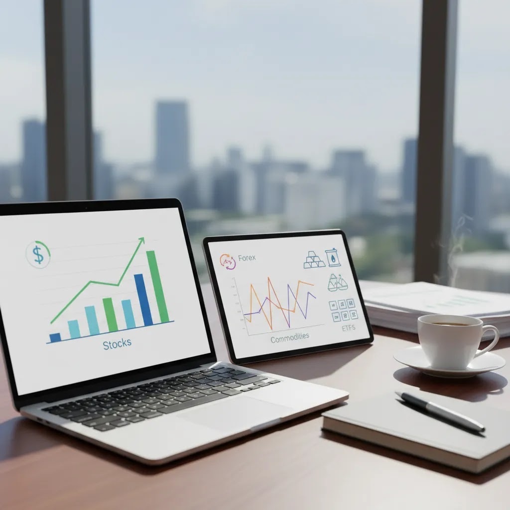 online trading in uae visual showing multiple asset classes on digital trading devices