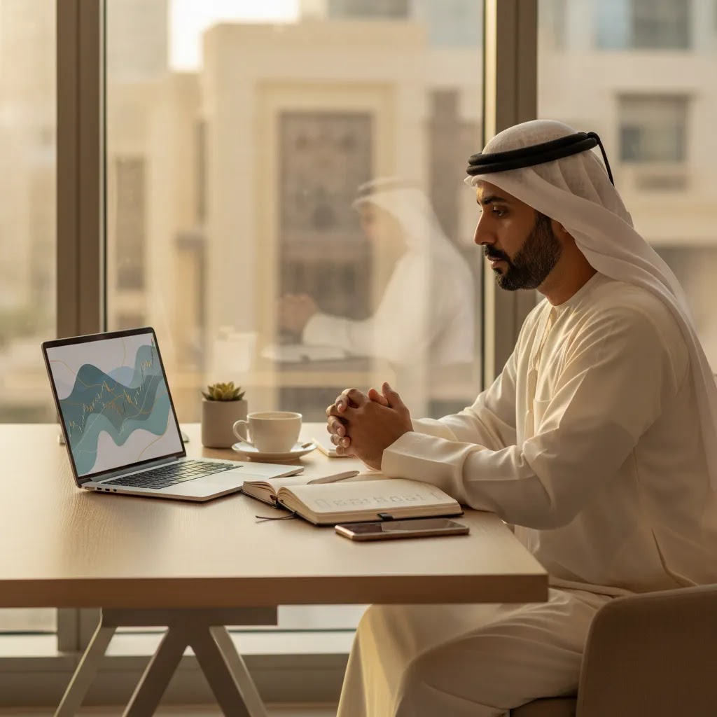 online trading uae guide showing a trader reviewing platforms safely at a modern desk